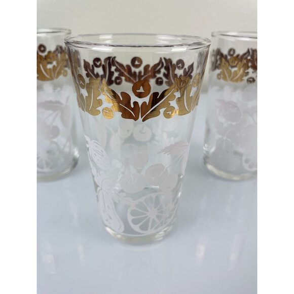 Set of 3 Vintage Mid-Century Modern Fruit Design Glass Tumbler White Gold Dining - Picture 7 of 11